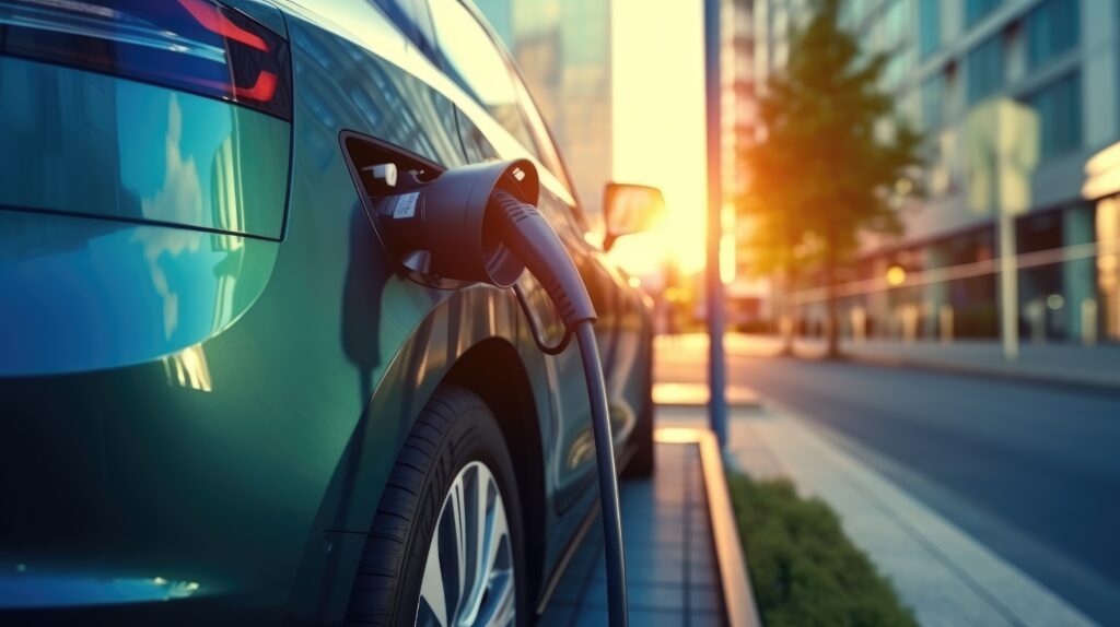 Voiture électrique qui se recharge sur sur une borne. 