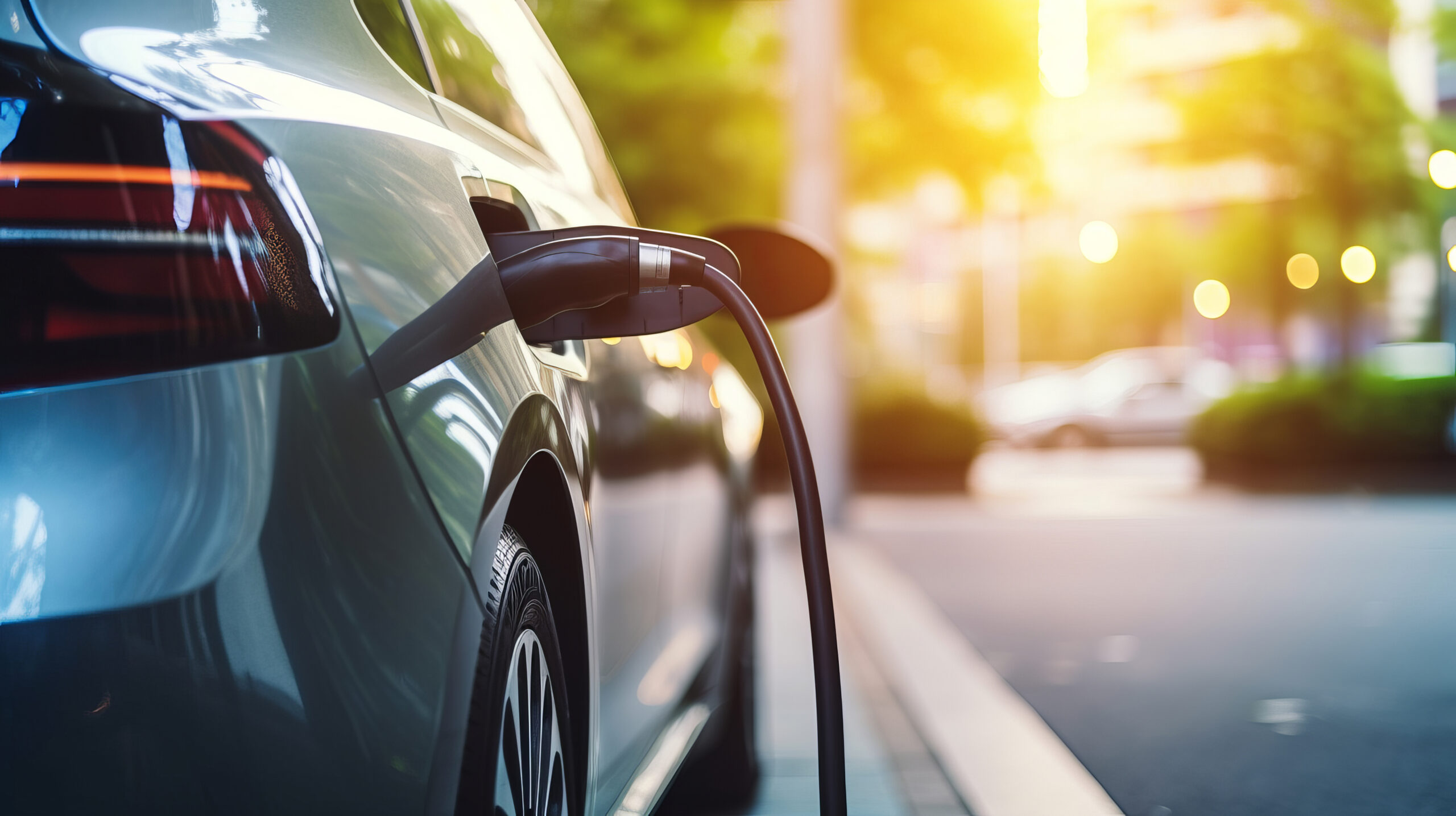 Voiture électrique qui se recharge sur sur une borne en ville.