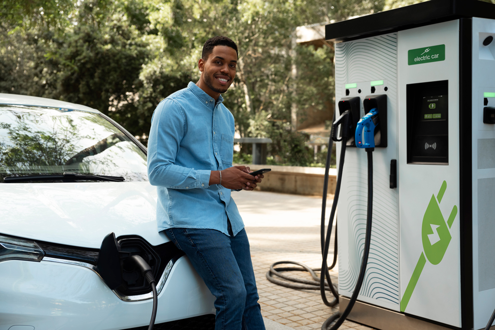 Voiture électrique entrain de se recharger près d'une borne